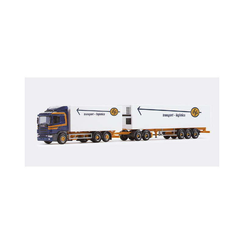 Herpa 145763 Scania 124 KuehlKoffer-Hängerzug 'ASG' (ueberlang)